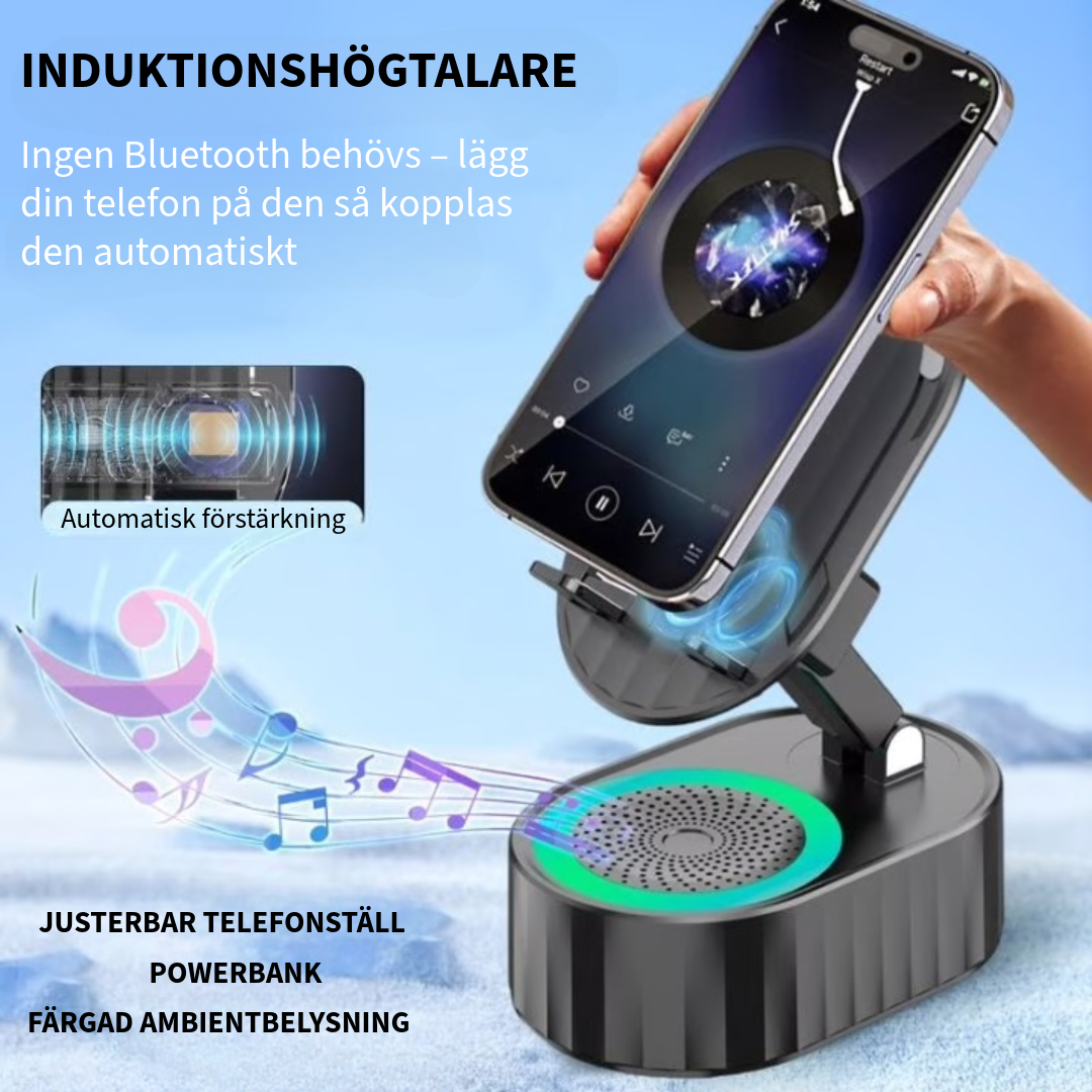 Telefonställ med inbyggd högtalare och powerbank