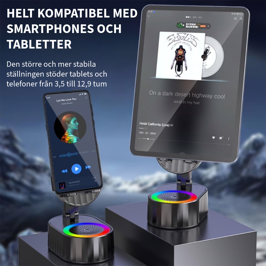 Telefonställ med inbyggd högtalare och powerbank